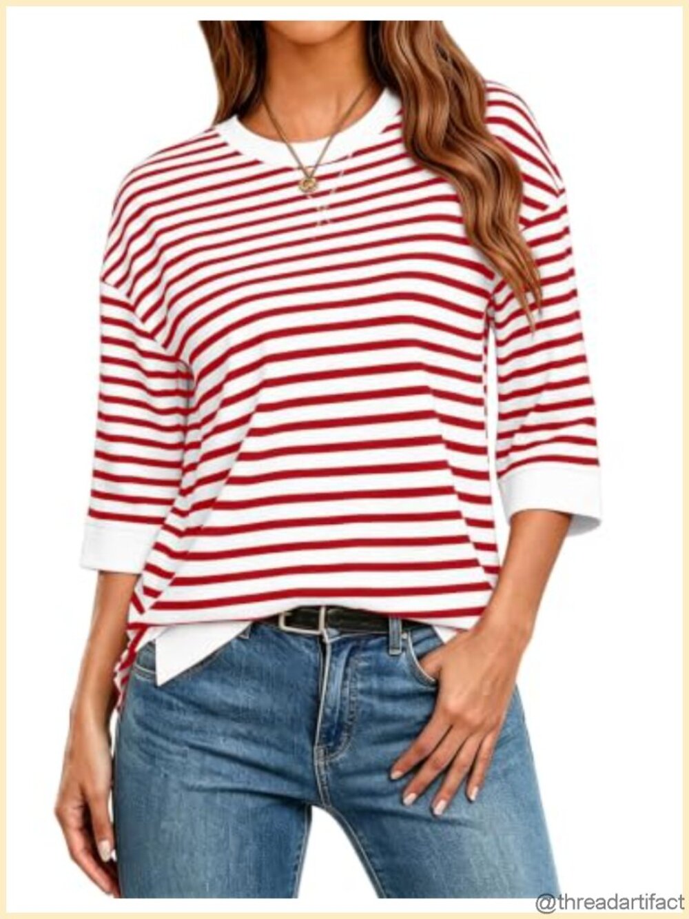 3/4 Sleeve Striped Sweatshirt Loose Fit Pullover Casual Work Top